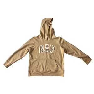 GAP Hoodie Kids Medium Tan Arch Logo Pullover Fleece Sweatshirt Khaki Neutral